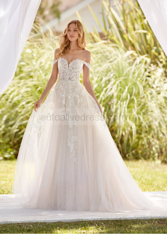 Off Shoulder Beaded Ivory Lace Tulle Spring Wedding Dress